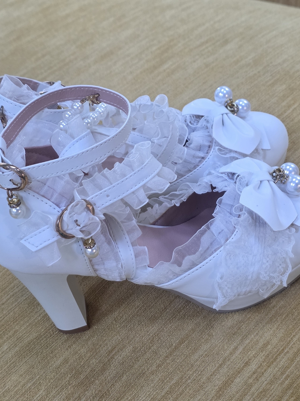 White Lace Bow Doll Cosplay Halloween Heels Mary Janes with Pearl Accents 7.5